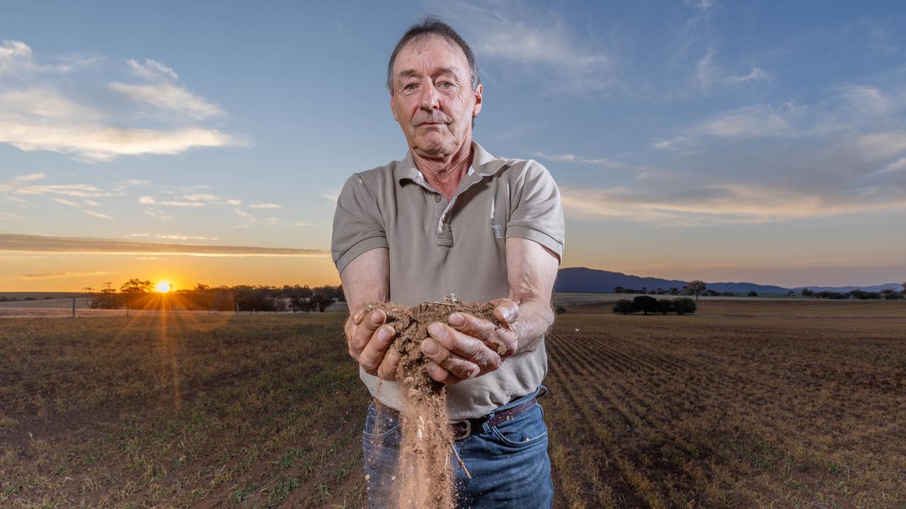 Peter McCallum at his farm near Booleroo Centre, with Mount Remarkable in the background. Picture: Ben Clark