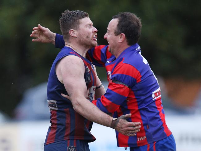 Football GDFL: East Geelong v Bell Post Hill.Bell Post Hill 8 Jack Yates kicks a goal and celebrates with 15 Nick Costello Picture: Mark Wilson