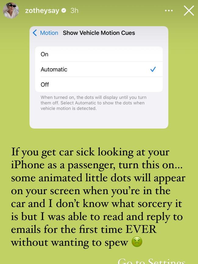 She described Apple’s Vehicle Motion Cue feature as 'sorcery'. Picture: Instagram/Zoe Foster Blake