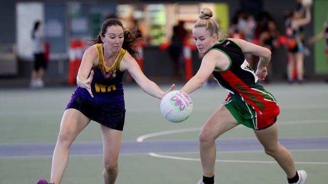 Cairns Netball Association Senior Division 1 – Round 7. South Cairns Cutters v Phoenix Fierce. Fierce's Sarah Mallen and Cutters' Emma Sorrell. PICTURE: STEWART McLEAN