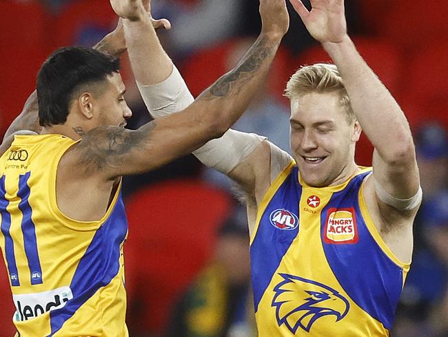 MELBOURNE, AUSTRALIA - AUGUST 20: Oscar Allen of the Eagles (R) celebrates with Tim Kelly of the Eagles after kicking a goal during the round 23 AFL match between Western Bulldogs and West Coast Eagles at Marvel Stadium, on August 20, 2023, in Melbourne, Australia. (Photo by Daniel Pockett/Getty Images)