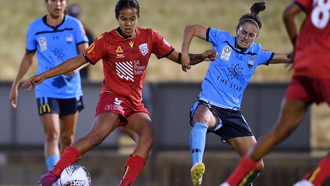 Teenage striker Mary Fowler went close to opening the scoring for Adelaide United against reigning champion Sydney FC. Picture: Mark Brake/Getty Images