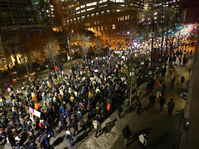 Thousands of protesters march down 2nd Avenue on November 9, 2016 in Seattle, Washington. Picture: AFP