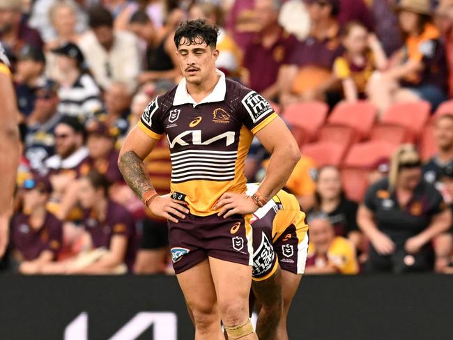 Kotoni Staggs after Brisbane’s humiliation against the Cowboys. Picture: Dan Peled/Getty