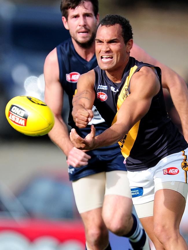 Waylon Johncock (Glenelg jumper) in a match against South Adelaide in 2014. Picture: Mark Brake