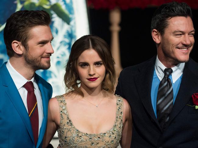 Beauty and the Beast’s British stars Stevens, Watson and Luke Evans at the Shanghai premiere on February 27. Picture: AFP