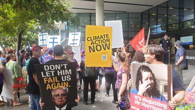 As attendees walked in to Sunday's Liberal Party campaign launch, they were greeted by more than 100 protesters. Picture: Ben Graham/ news.com.au