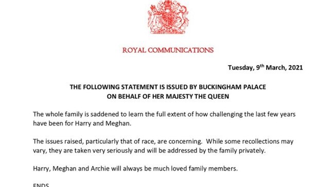 Buckingham Palace’s official statement in response to Harry and Meghan's interview with Oprah Winfrey.