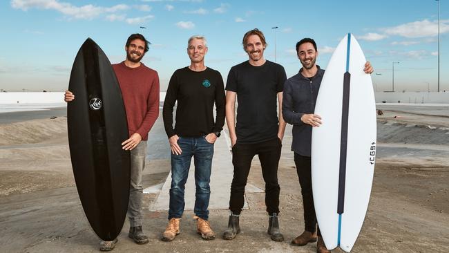 Mark LaBrooy (far left) Darren Robertson (second from right) and Andy Allen (far right) of the Three Blue Ducks with URBNSURF's Andrew Ross.