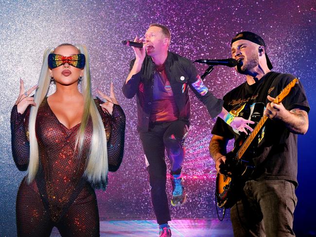 Digitally altered image of three artists booked to play exclusive, one-city concerts in Australia in November 2023. L-R: Christina Aguilera, Coldplay singer Chris Martin and Zach Bryan.