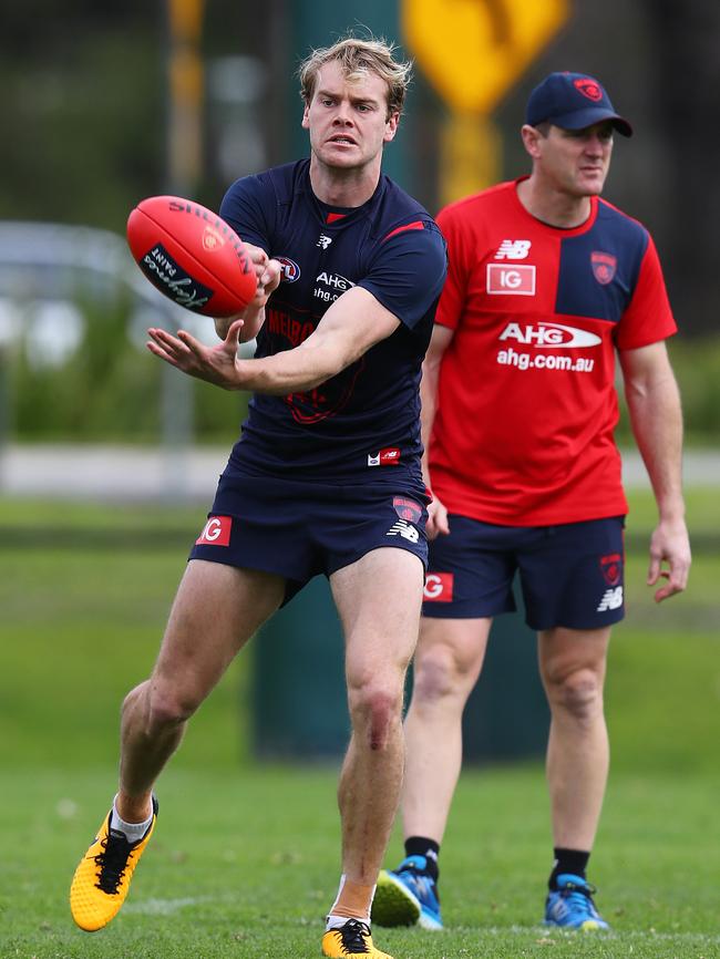 Jack Watts at training as he tries to get back into the Melbourne AFL side. Picture: Michael Klein