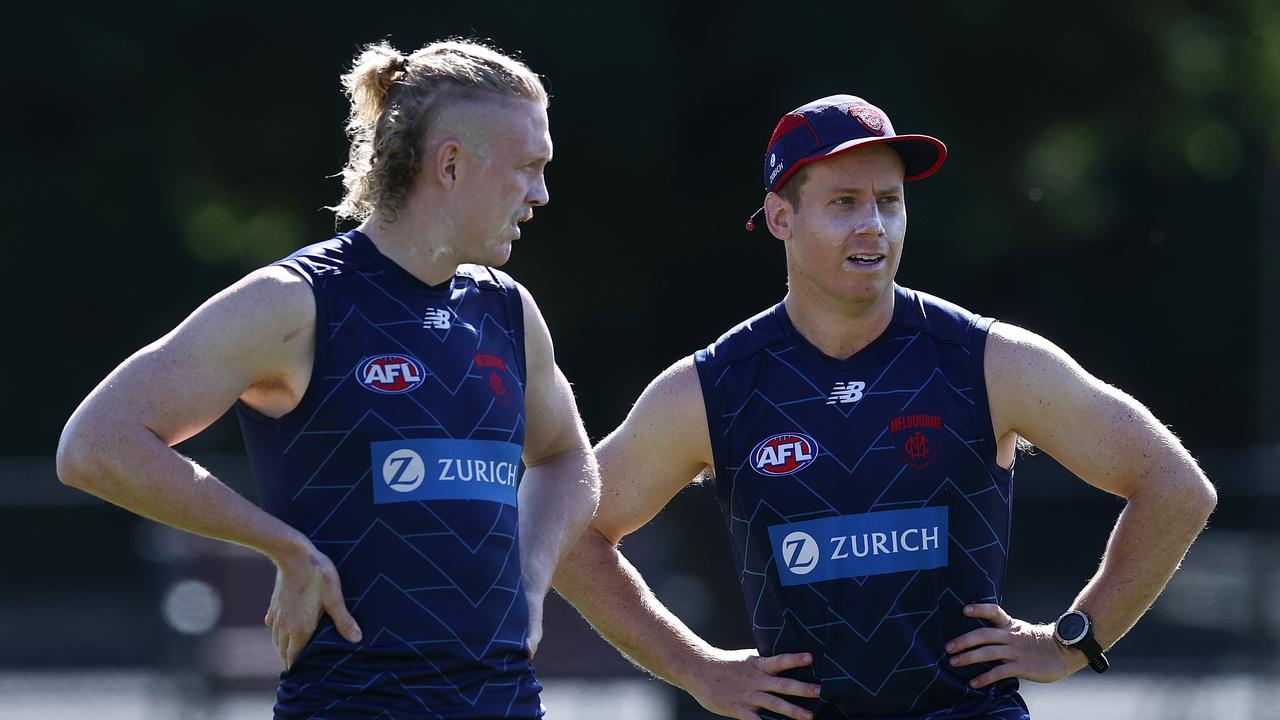 Clayton Oliver and Lachie Hunter at Melbourne training. Picture: Michael Klein