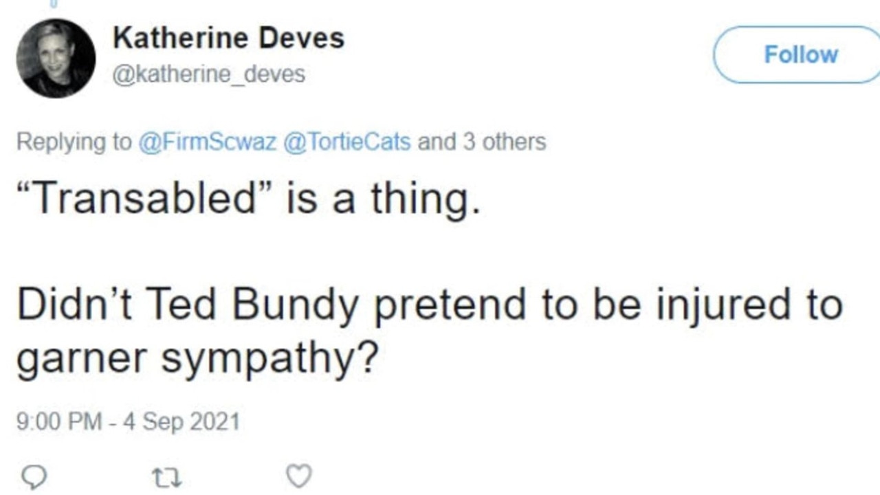 Ms Deves also suggests the ‘transabled’ – people pretending to be disabled – ‘is a thing’. Picture: Twitter