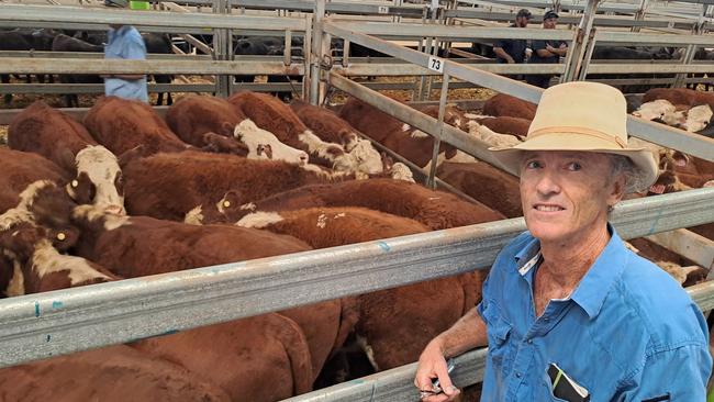 Damian Christian, Chiltern, was an example of buyers trying to get some well-priced stock around them at Wodonga in this current downturn. He paid $1070 for 24 Hereford steers weighing 379kg, describing them as “too good to pass-up – I’ll find space for them somewhere". Picture: Supplied