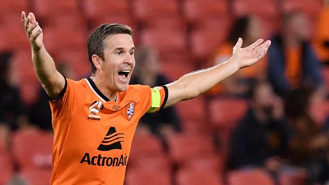 Roar captain Matt McKay appeals to the referee. Picture: AAP 