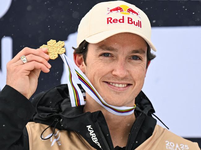 Scotty James celebrates his men's snowboard half-pipe final at the FIS Snowboard in March. Picture: Fabrice Coffrini / AFP
