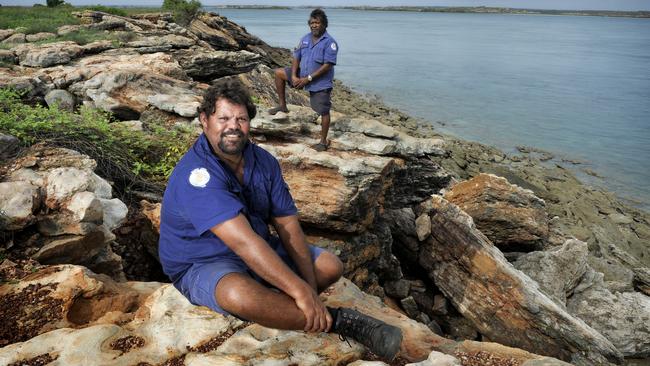 Philip Bibado ­McCarthy, front, with Kevin George, chairman of the Bardi Jawi Aboriginal Corporation, at Ardyaloon. Picture: Theo Fakos