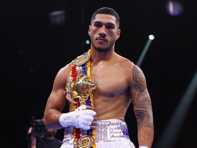 RIYADH, SAUDI ARABIA – DECEMBER 23: Jai Opetaia celebrates victory with the belt following the Cruiserweight fight between Jai Opetaia and Ellis Zoro during the Day of Reckoning: Fight Night at Kingdom Arena on December 23, 2023 in Riyadh, Saudi Arabia. (Photo by Richard Pelham/Getty Images)