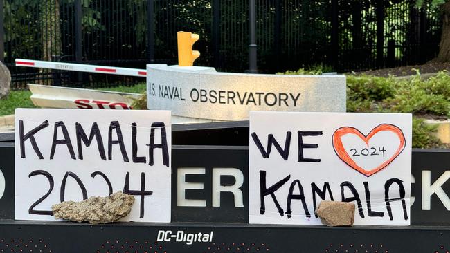 Pro-Harris signs outside the US Naval Observatory, where US Vice-President Kamala Harris lives, in Washington. Picture: AFP.