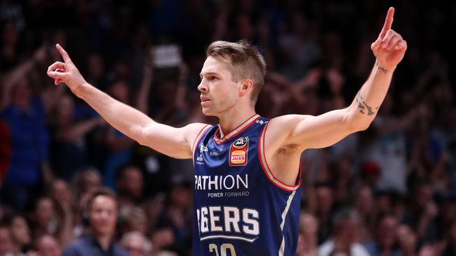 Nathan Sobey exploded with three consecutive three-pointers in the final quarter of Adelaide’s NBL win over Perth on Saturday night. Picture: Kelly Barnes (AAP).