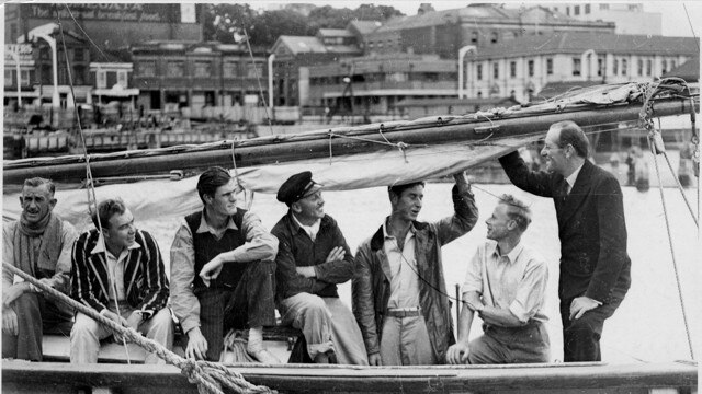 Crew of yacht Rani, skippered by Captain John Illington right, in 1945 after winning the first ever Sydney to Hobart Yacht Race. Picture: Australian National Maritime Museum.