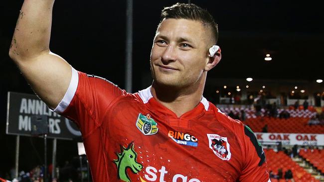 St George's Tariq Sims celebrates victory with the crowd after the Penrith v St George rugby league match at Pepper Stadium, Penrith. Picture: Brett Costello