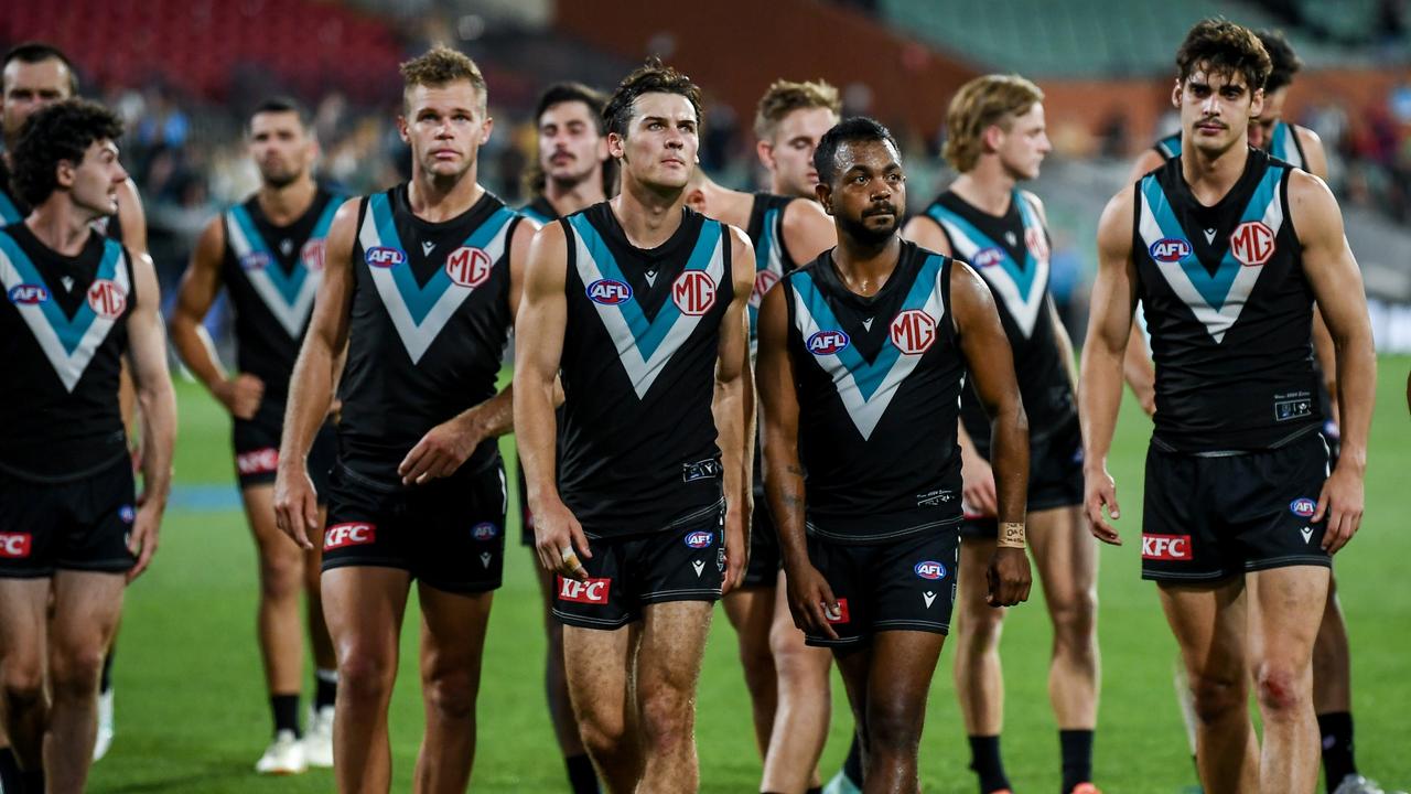 ADELAIDE, AUSTRALIA - MARCH 30: Connor Rozee of the Power leads his team off after losing the round three AFL match between Port Adelaide Power and Melbourne Demons at Adelaide Oval, on March 30, 2024, in Adelaide, Australia. (Photo by Mark Brake/Getty Images)