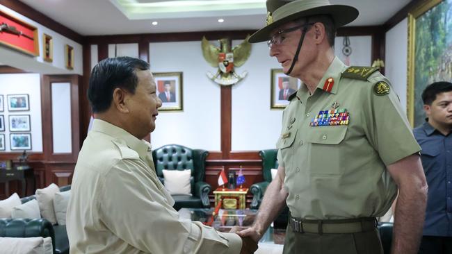 Australian Defence Force chief Angus Campbell meets with Indonesia’s presumptive new president and current defence minister Prabowo Subianto in Jakarta on Tuesday.