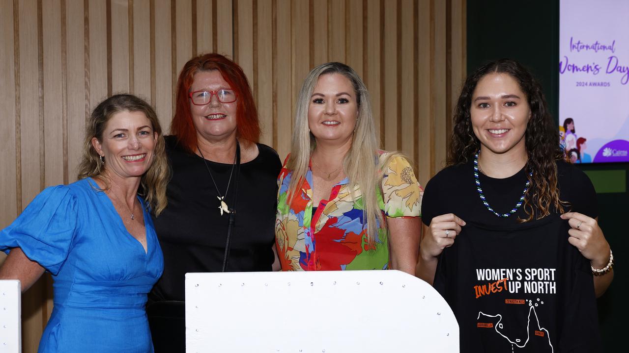 Anna Middleton, Amanda Cook, Kiah Tillett and Indianna Tillett at the Cairns Regional Council's International Women's Day 2024 awards, held at the Cairns Convention Centre. Picture: Brendan Radke