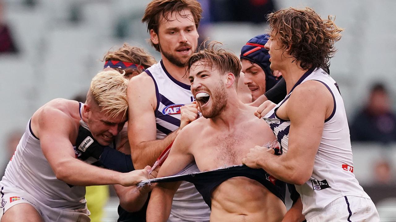 Jack Viney gets his jumper ripped against the Dockers. Picture: Getty Images