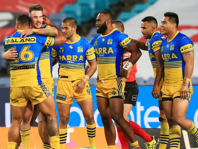 Eels players celebrate a Semi Radradra try after a Clint Gutherson run   during the South Sydney Rabbitohs v Parramatta Eels round 12 NRL game at ANZ Stadium, Sydney Olympic Park. pic Mark Evans