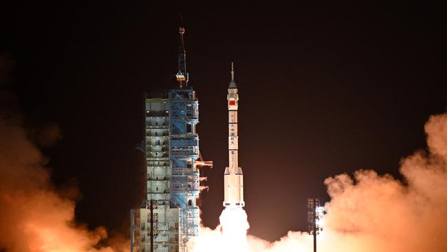 A Long March-2F carrier rocket carrying the Shenzhou-19 spacecraft and crew of three astronauts lifts off from the Jiuquan Satellite Launch Center, in the Gobi desert, northwest China. Picture: AFP