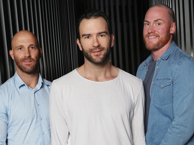 Jarraed McVeigh, Jordan Lewis and Jarryd Roughed  who have been talking with Hamish McLachlan. Monday, September 23, 2019. Picture: David Crosling