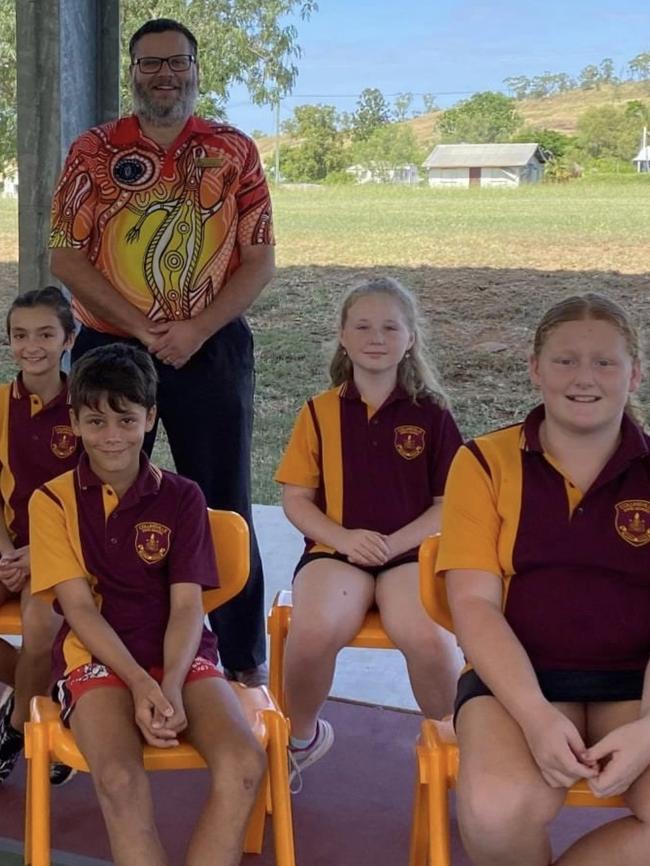 Collinsville State School principal Matthew Grosskreutz stands behind school leaders (back row) Bella Pridgeon and Anna Honnery and (front row) Tye Illguth and Lily Milne. Picture: Contributed