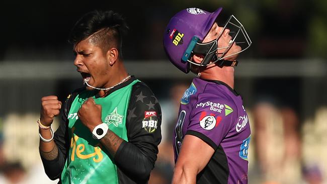 Lamichhane celebrates another scalp. Pic: Getty Images