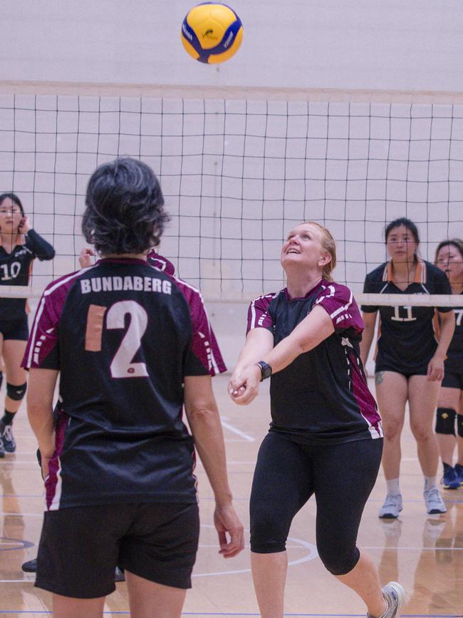 Sandy Cooper in action as Hard CorÃ“t V Haikyu in the Pan Pacific Masters Games Volleyball tournament. Picture: Glenn Campbell