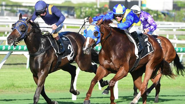 Tycoon Evie (outside) winning at Eagle Farm. Picture: Trackside Photography