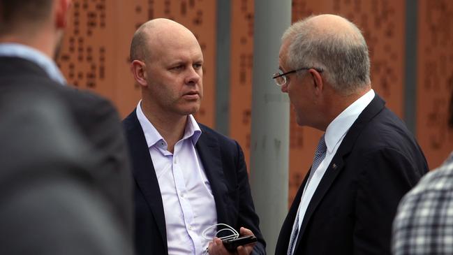 Andrew Carswell and Scott Morrison chat during the 2019 election campaign. Picture: Gary Ramage