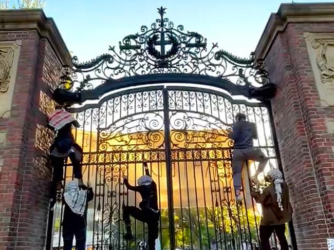 Harvard protesters:  A screen capture from a video posted Saturday by Harvard Out of Occupied Palestine at the gates to Harvard Yard during a protest. Picture: supplied