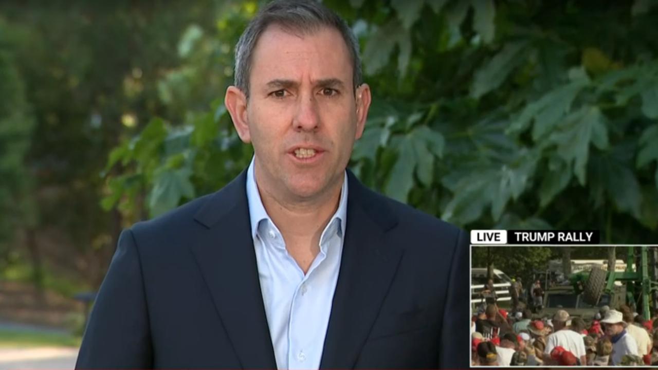 Treasurer Jim Chalmers live reacts to breaking news on Trump falling to the ground amid reports of gun shots. Picture: Sky News