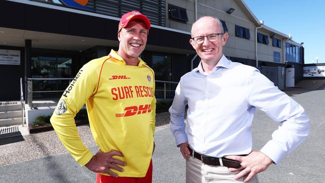 Palm Beach SLSC general manager Daragh Murphy and lifesaver Ben Cox celebrate being voted the Coast's best surf club. Picture: Jason O'Brien