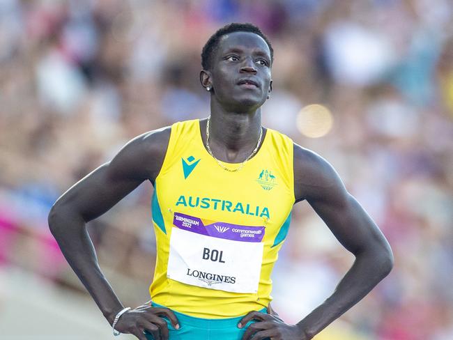 BIRMINGHAM, ENGLAND - AUGUST 7: Peter Bol of Australia before the start of the Men's 800m Final during the Athletics competition at Alexander Stadium during the Birmingham 2022 Commonwealth Games on August 7, 2022, in Birmingham, England. (Photo by Tim Clayton/Corbis via Getty Images)