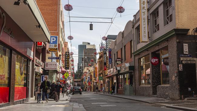 A quiet Chinatown in Melbourne during stage four restrictions. Picture: Daniel Pockett