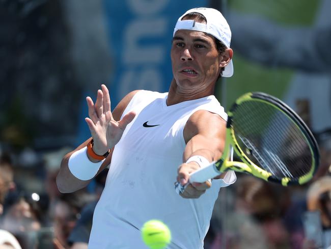 MELBOURNE, AUSTRALIA - JANUARY 26: Rafael Nadal of Spain plays a forehand during a practice session on day seven of the 2020 Australian Open at Melbourne Park on January 26, 2020 in Melbourne, Australia. (Photo by Wayne Taylor/Getty Images)