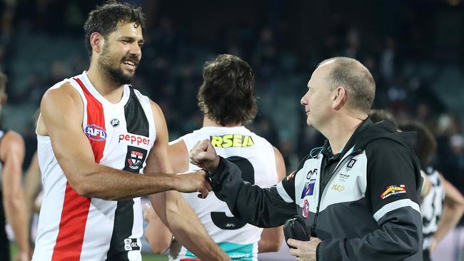 Hinkley congratulates his former Port ruckman Paddy Ryder on his dominate game.