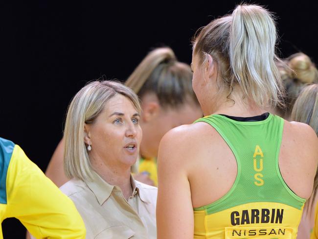 CHRISTCHURCH, NEW ZEALAND - MARCH 03: Head Coach Stacey Marinkovich of Australia (C) speaks to Sophie Garbin of Australia after their win in the Constellation Cup International Test Match between the New Zealand Silver Ferns and the Australia Diamonds at Christchurch Arena on March 03, 2021 in Christchurch, New Zealand. (Photo by Kai Schwoerer/Getty Images)