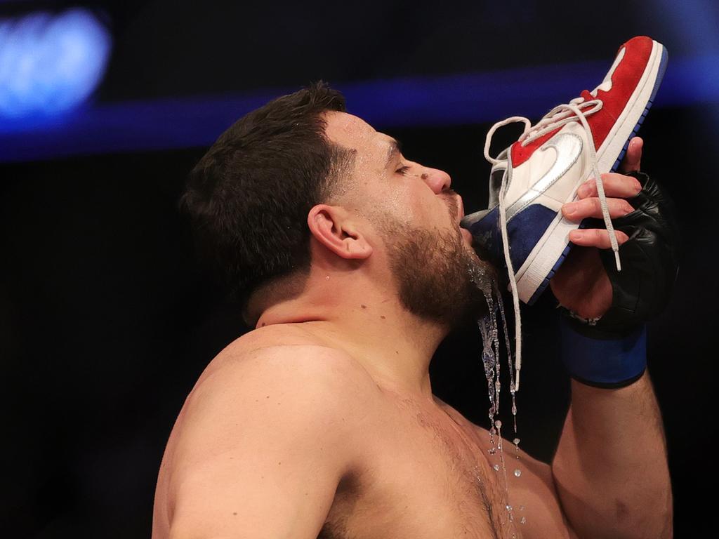 Tuivasa has earned the moniker ‘Shoeyvasa’ for his post-fight celebrations. Picture: Carmen Mandato/Getty Images