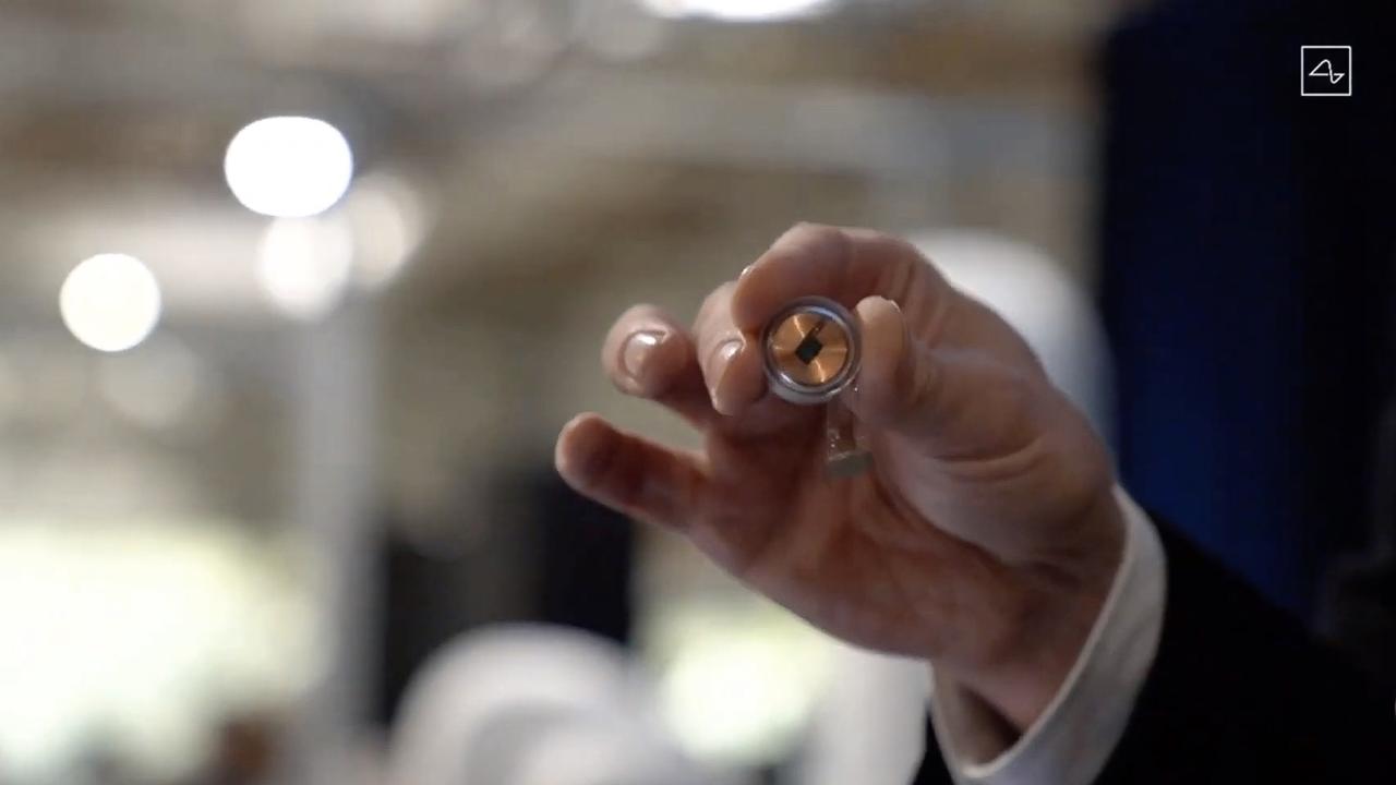 The prototype is about the size of a large coin. Picture: Neuralink / AFP