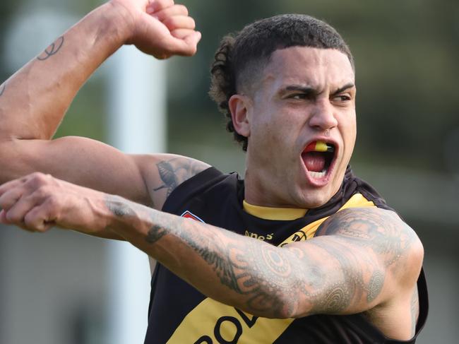 James Bell from Glenelg reacts after scoring a goal  during the Round 9 SANFL match between Glenelg and Sturt at Glenelg Oval in Adelaide, Monday, June 12, 2023. (SANFL Image/David Mariuz)