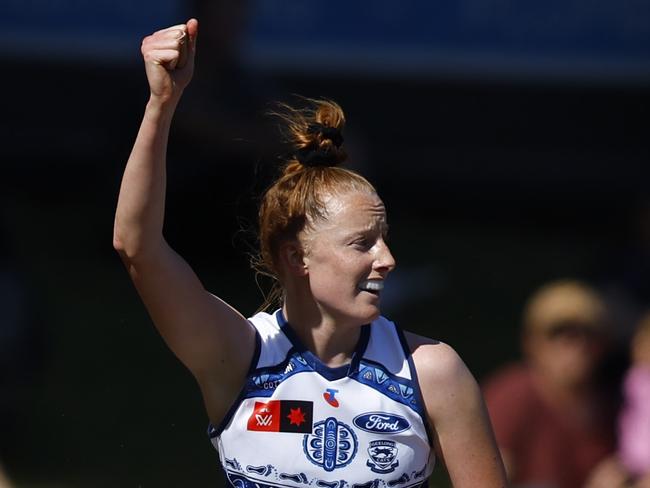 PERTH, AUSTRALIA - OCTOBER 26: Aishling Moloney of the Cats celebrates her goal during the round nine AFLW match between Waalitj Marawar (West Coast Eagles) and Geelong Cats at Mineral Resources Park, on October 26, 2024, in Perth, Australia. (Photo by James Worsfold/Getty Images)